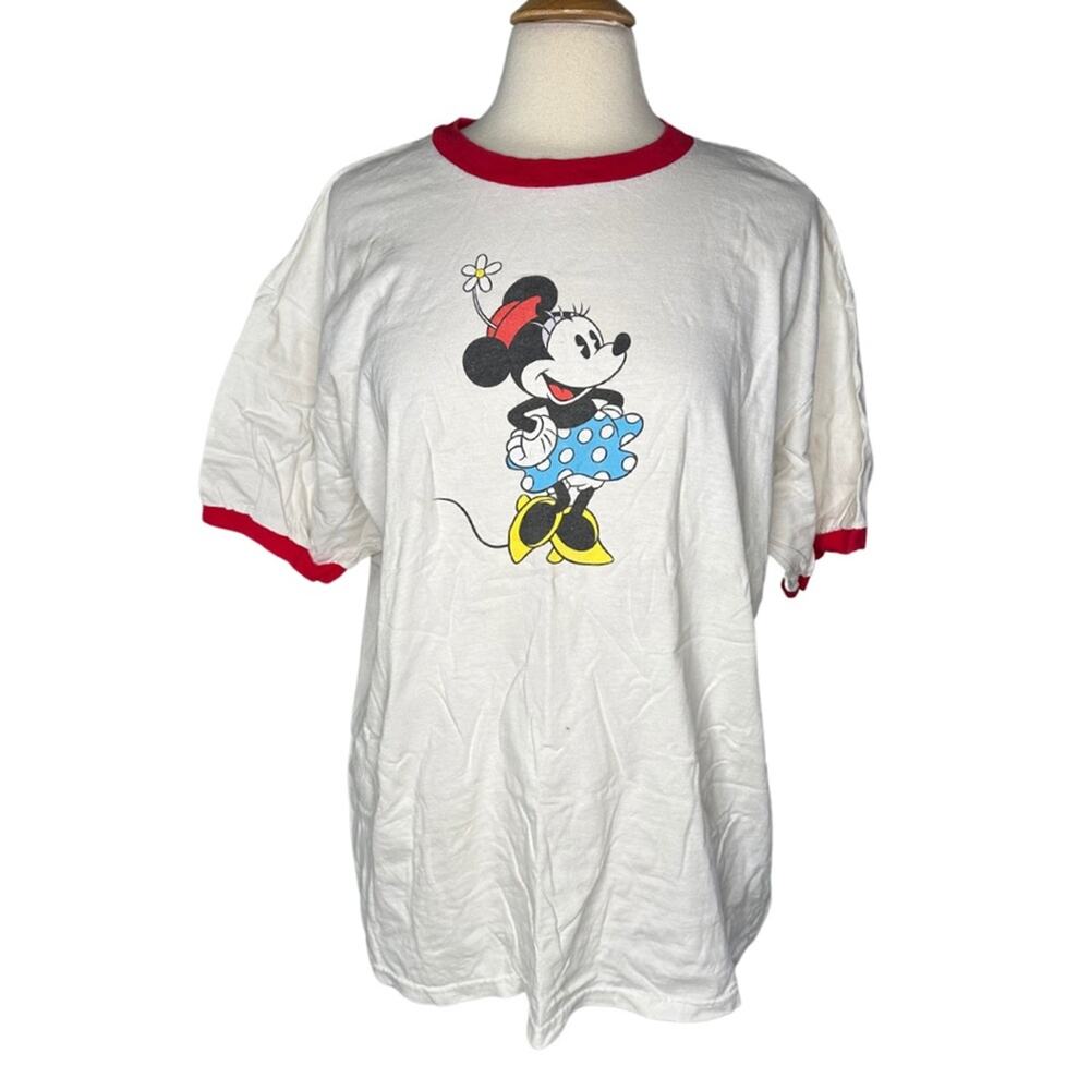Vintage Minnie Mouse Gym Style Casual Tee TShirt Disney Lounge Red Collar GG23